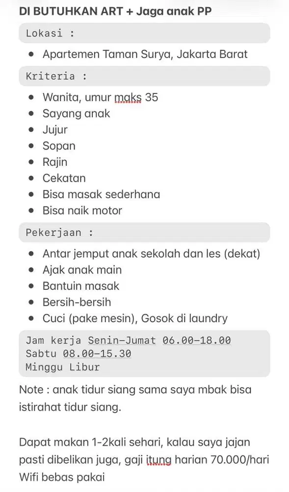 Dibutuhkan ART Serabutan Jaga anak PP