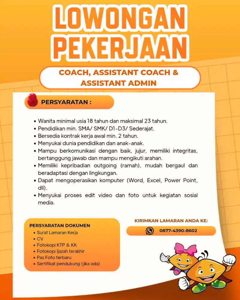 Lowongan pekerjaan Coach, Assistant Coach & Assistant Admin