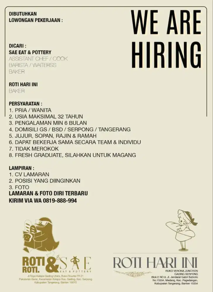 Lowongan dicari Cook / Cheff / Barista / Baker Cafe & Bread resto