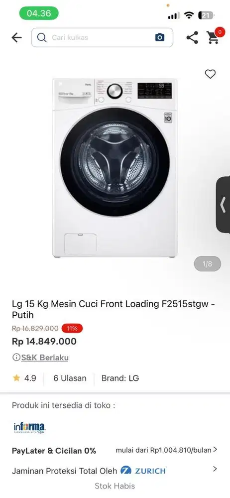 mesin cuci front loading LG f2515stgw