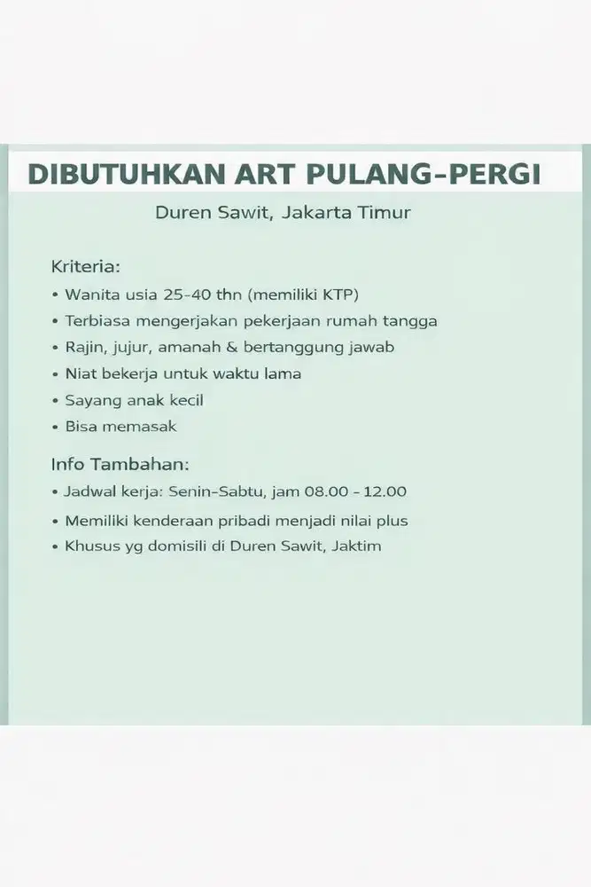 Lowongan ART Pulang-Pergi Khusus Domisili Duren Sawit, Jaktim