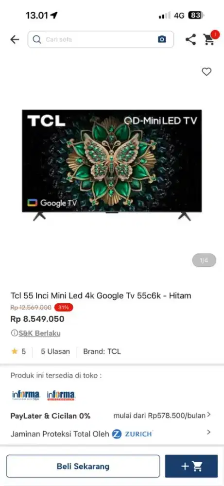 Ready stok tv 55 inc miniled murah