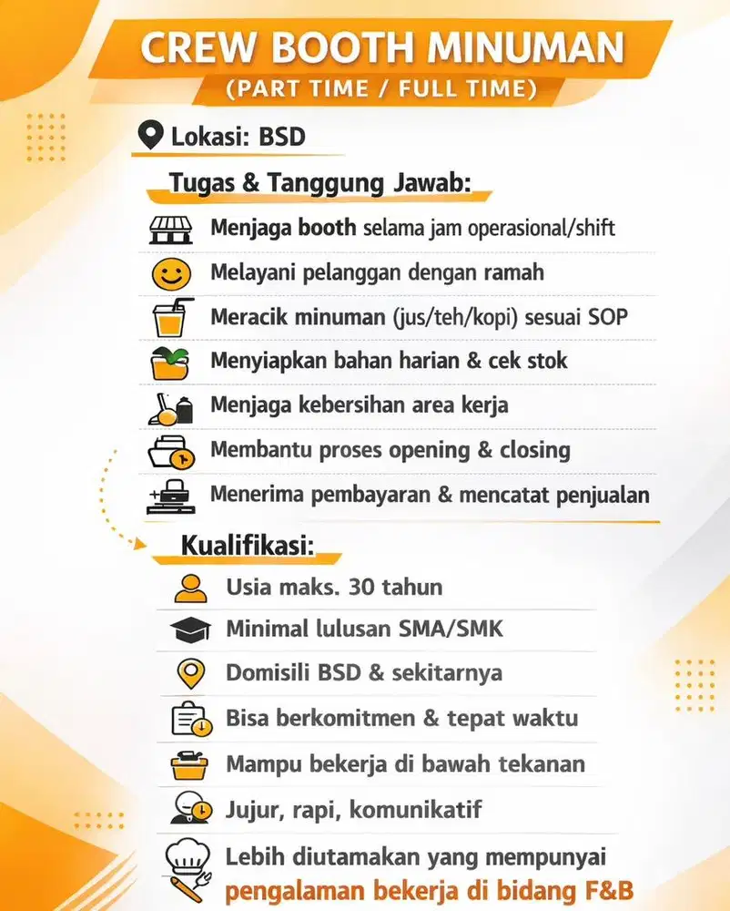DIBUTUHKAN CREW FULLTIME/PART TIME UNTUK MENJAGA BOOTH MINUMAN