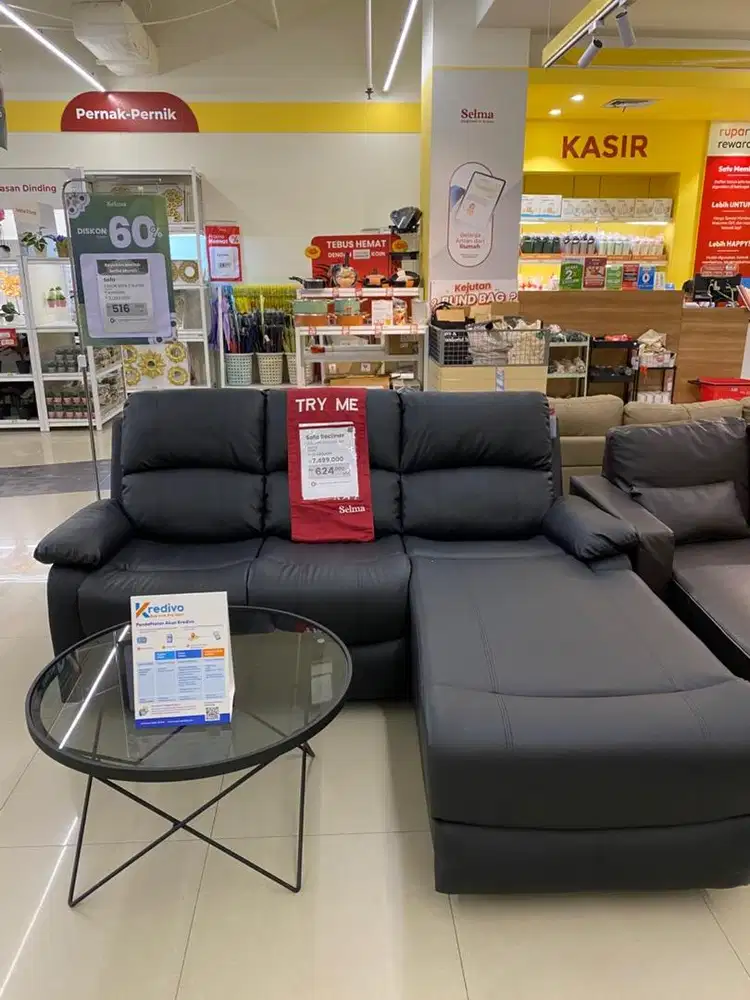 Recliner sofa L black bahan kulit