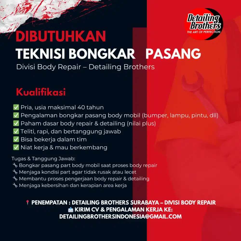 DIBUTUHKAN SEGERA TEKNISI BONGKAR PASANG PARTS MOBIL