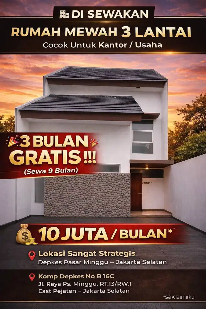 SEWA 9 BULAN FREE 3 BULAN COCOK KANTOR 3 LANTAI PASAR MINGGU