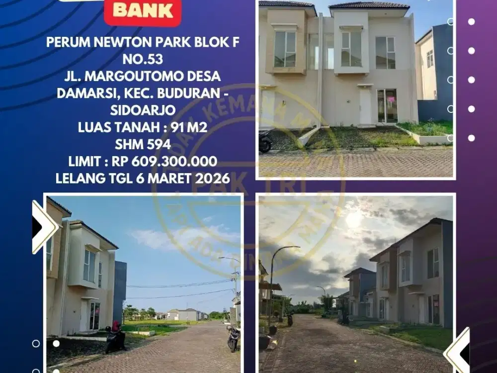 JUAL RUMAH LELANG BANK DI BUDURAN SIDOARJO (PERUM NEWTON PARK) – LELANG KPKNL