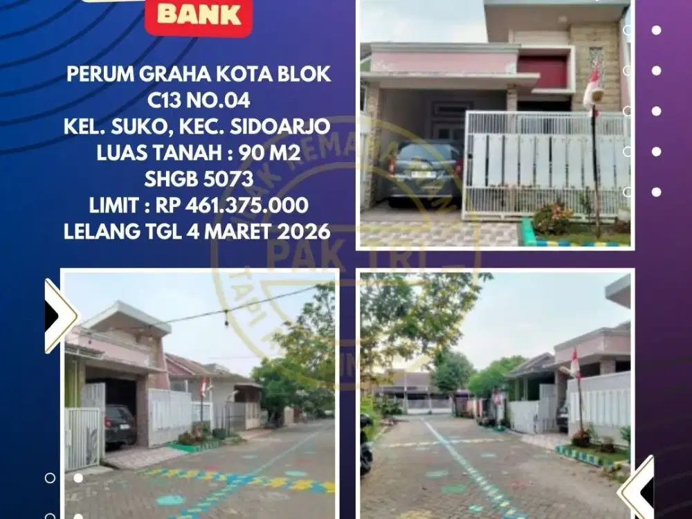 JUAL RUMAH LELANG BANK SUKO SIDOARJO (PERUM GRAHA KOTA) – LELANG KPKNL