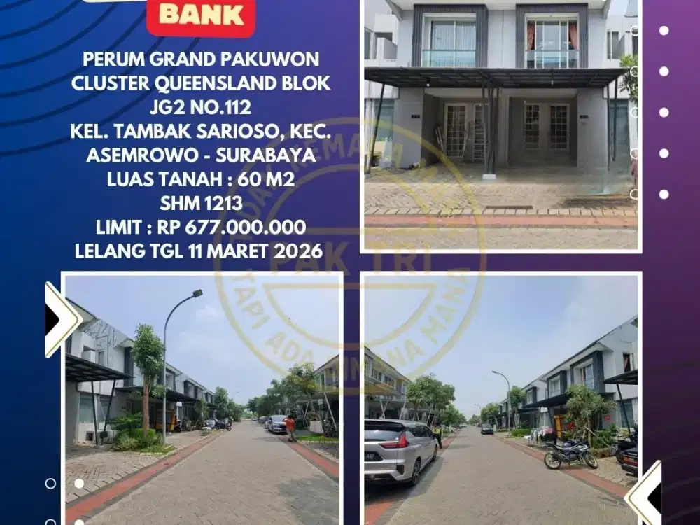 JUAL RUMAH LELANG BANK DI ASEMROWO SURABAYA (GRAND PAKUWON CLUSTER QUEENSLAND) – LELANG KPKNL