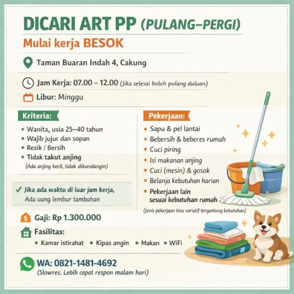Loker ART PP 4-5 jam aja sehari