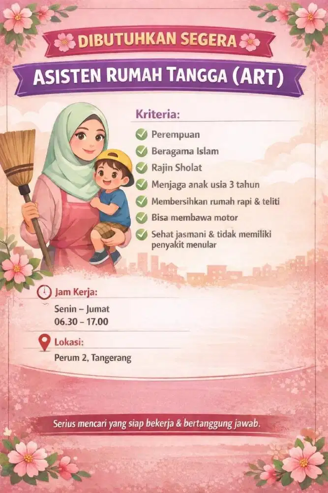 LOWONGAN KERJA ART ( ASISTEN RUMAH TANGGA ) DI HARKIT KELAPA DUA