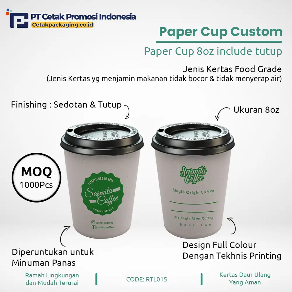 Paper Cup 8 Oz Cetak Cup Kopi Custom Cup Minuman Murah di Surabaya