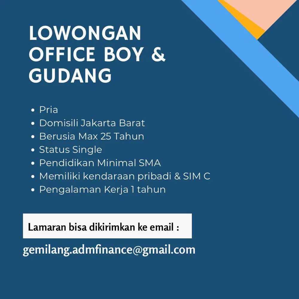 Lowongan Office Boy dan Gudang Area Jakarta Barat