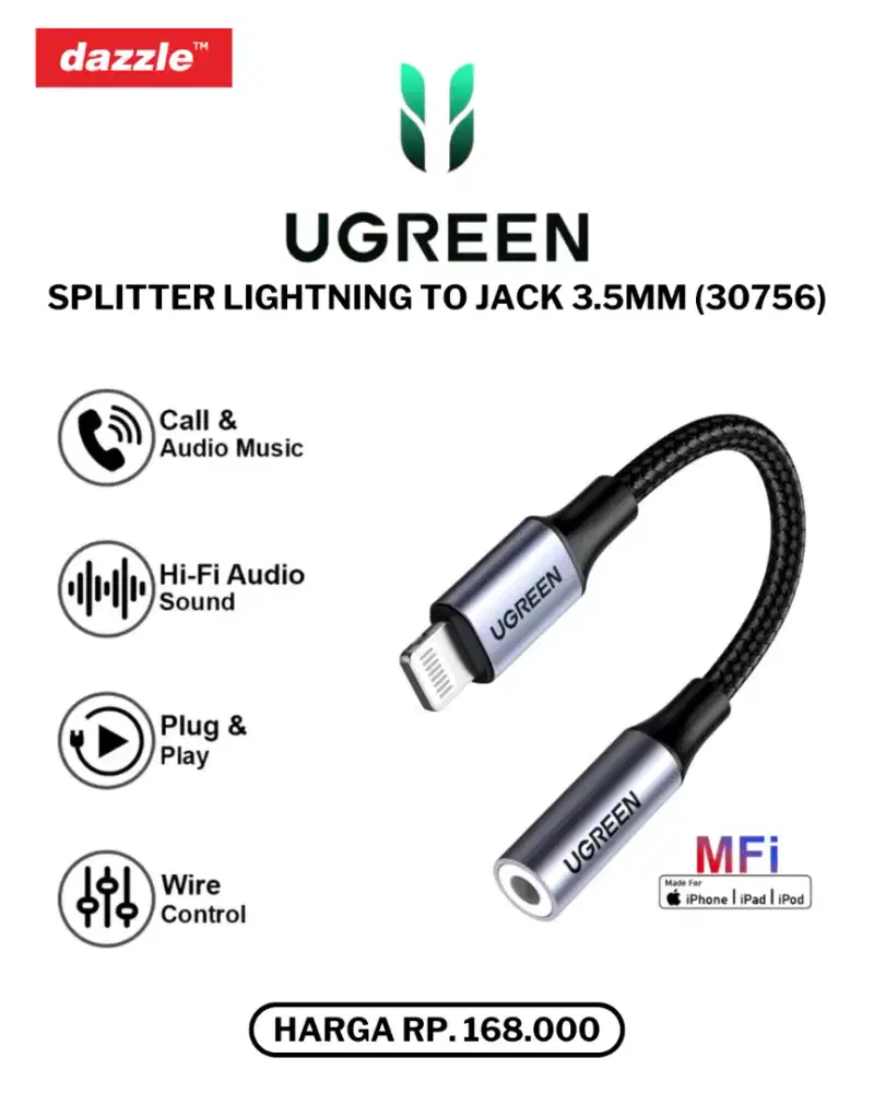 UGREEN SPLITTER LIGHTNING TO JACK 3.5MM (30756)