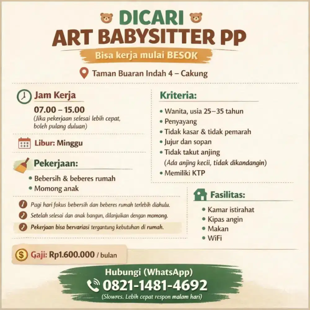 Loker: ART BABYSITTER PP setengah hari di Cakung(Taman Buaran Indah 4)