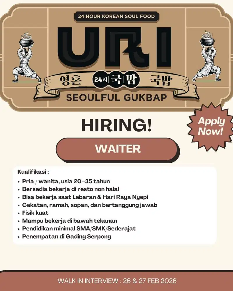 [Butuh Cepat] Lowongan Waiter / kasir / chef / supervisor