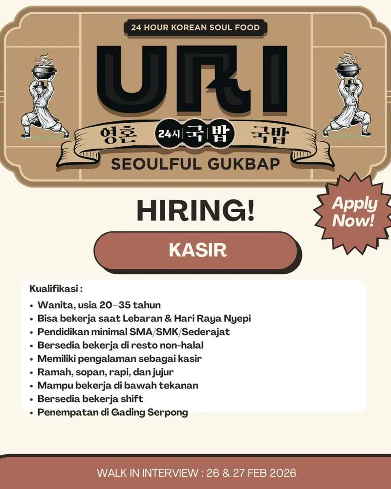 [Butuh Cepat] Lowongan Waiter / kasir / chef / supervisor