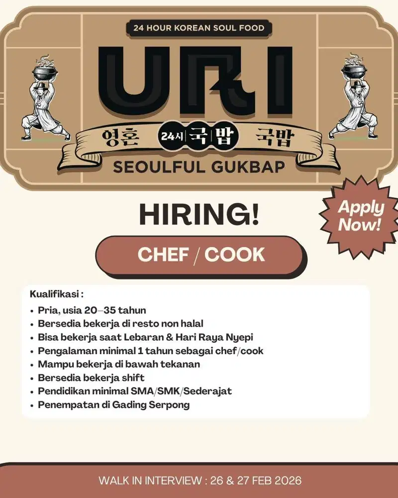 [Butuh Cepat] Lowongan Waiter / kasir / chef / supervisor