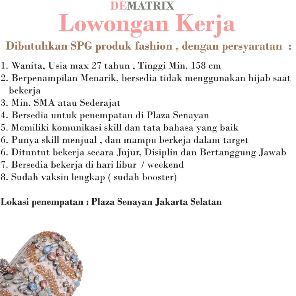 LOWONGAN KERJA SPG untuk produk tas area PLAZA SENAYAN !!!