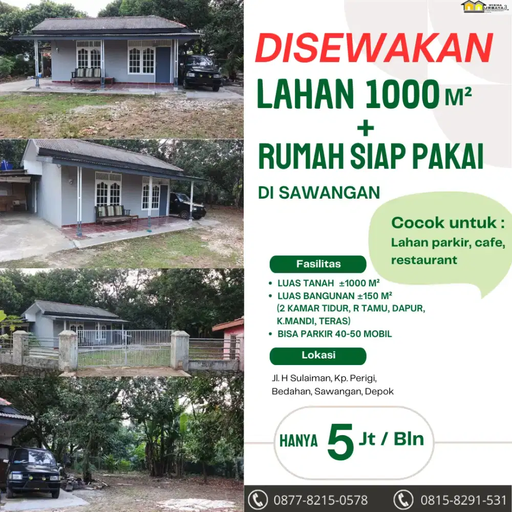 DISEWAKAN LAHAN 1000m² + RUMAH | Sawangan | Parkir 50 Mobil