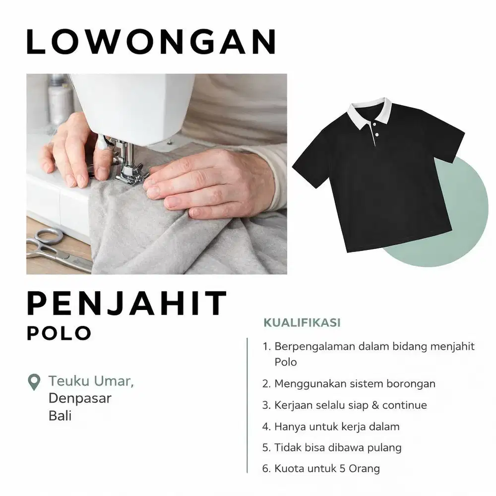 Dicari / lowongan penjahit / tukang jahit kaos oblong dan polo /wangki