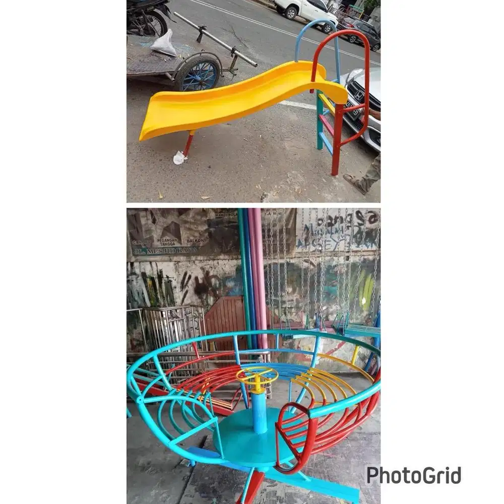 Perosotan, ayunan, jungkat jungkit, playground, bola dunia, mainan