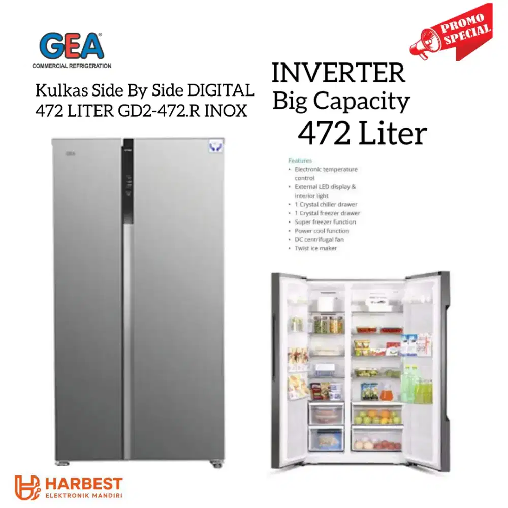 GEA/GETRA Kulkas Side By Side INVERTER 472 Liter G2D-472.R INOX LOWWAT