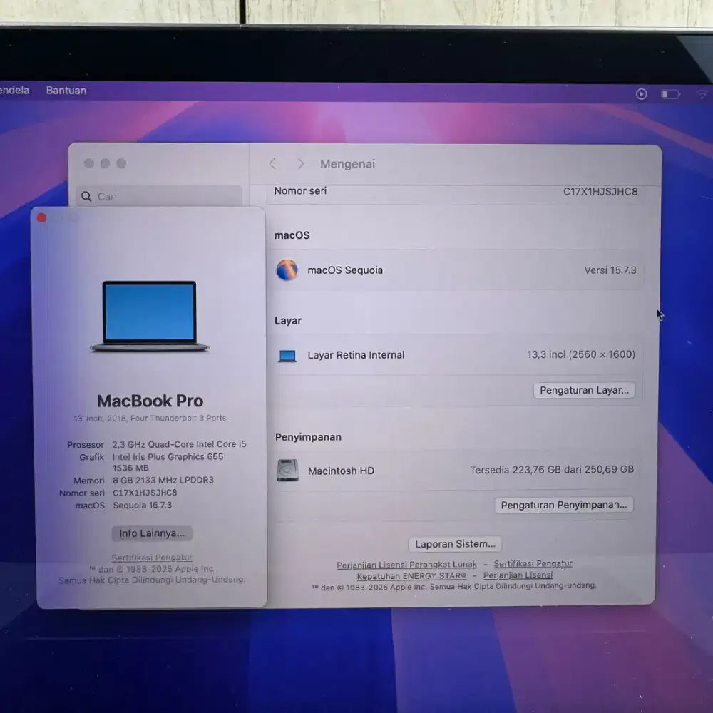 Macbook Pro 2018 Core I5 layar 13 Inch Ram 8 Ssd 256 Space Grey