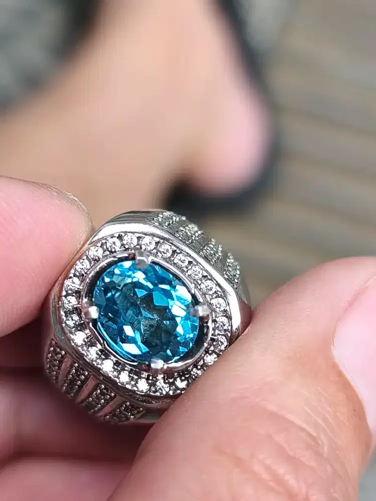 Batu blue topaz London 3.75 crat ring perak memo MRI