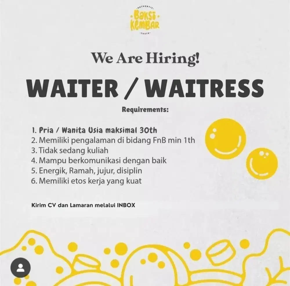 DIBUTUHKAN WAITER / WAITRESS RESTO BAKSO
