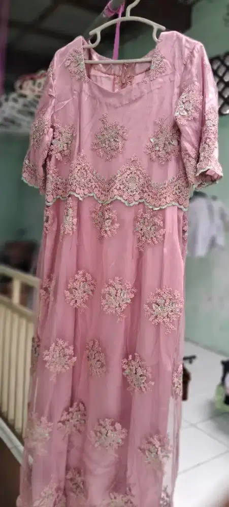 Dress Lapis Brukat Full furing Pink