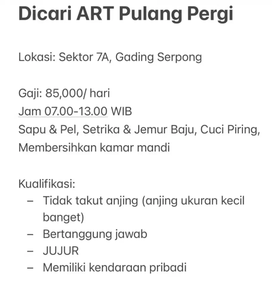Dibutuhkan Segera Asisten Rumah Tangga [Pulang Pergi] - Gading Serpong