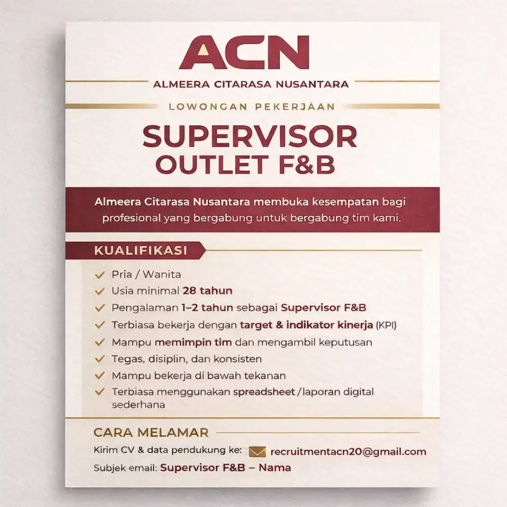 LOWONGAN KERJA BAGIAN SUPERVISOR DAN KASIR