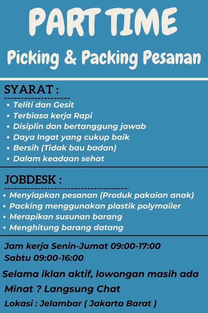 PART TIME 120RB/HARI 09:00-17:00 SAMPAI 14 MARET