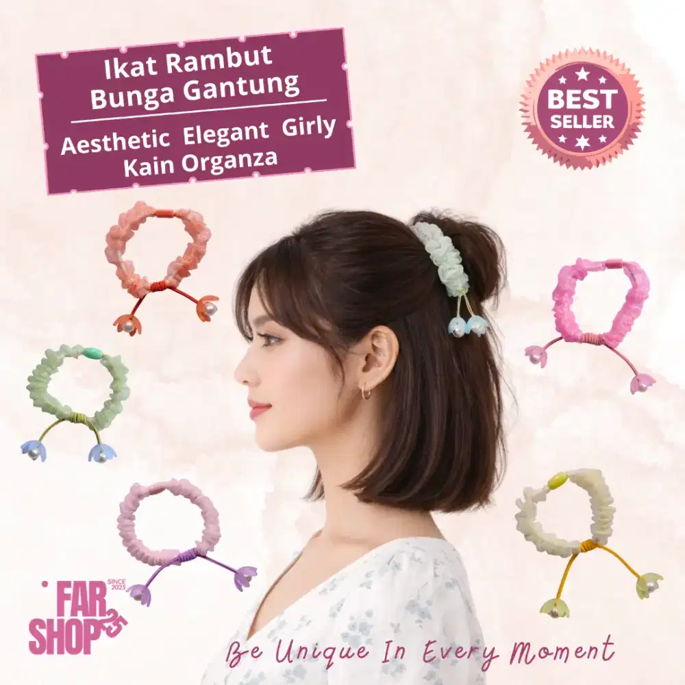 Ikat Rambut Bunga Gantung Organza Korea Cantik Lucu Murah Aesthetic