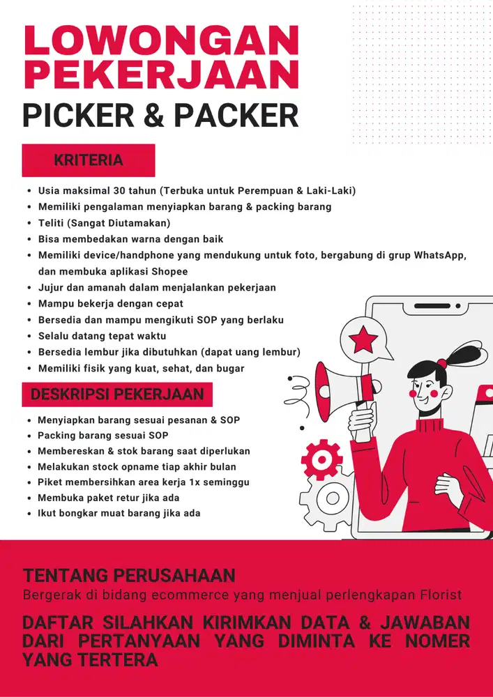 Lowongan Kerja Bagian Menyiapkan Barang dan Packing Barang Onlineshop