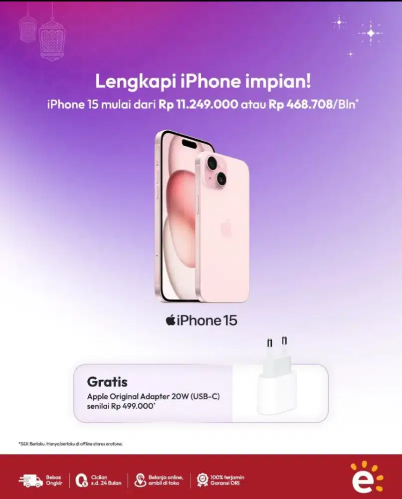 Promo terbatas iPhone 15 pink garansi resmi free adaptor 20watt ORI