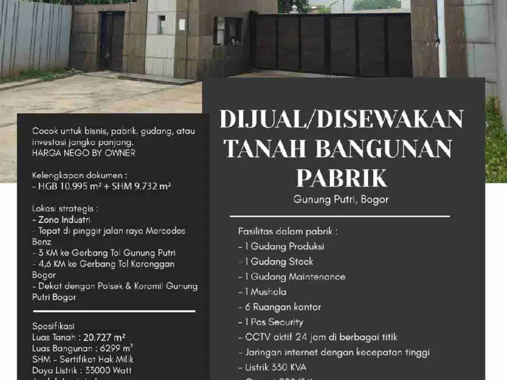 DIJUAL/DISEWAKAN
TANAH BANGUNAN
PABRIK