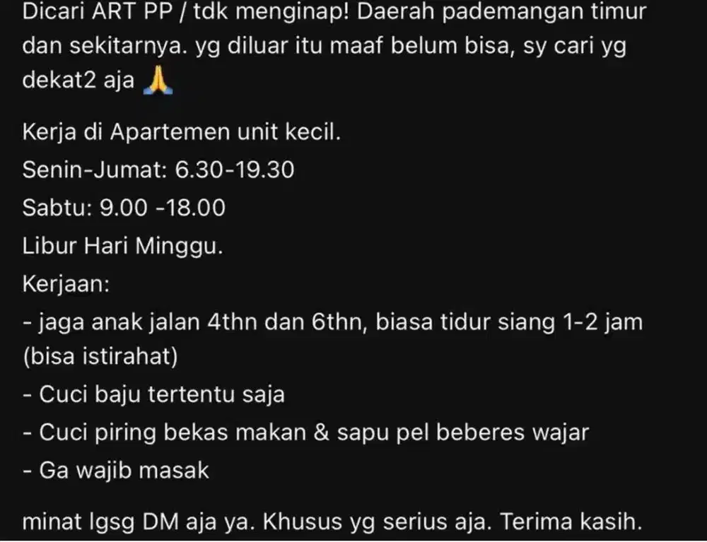 Loker ART PP / Tidak Menginap daerah Pademangan, JakUt
