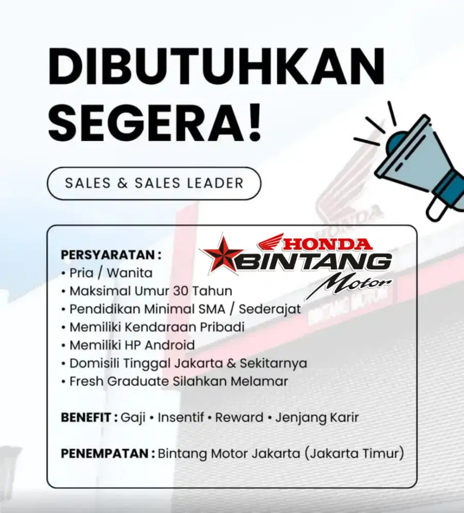 MARKETING/SALES/ LEADER SALES HONDA BINTANG MOTOR JAKARTA