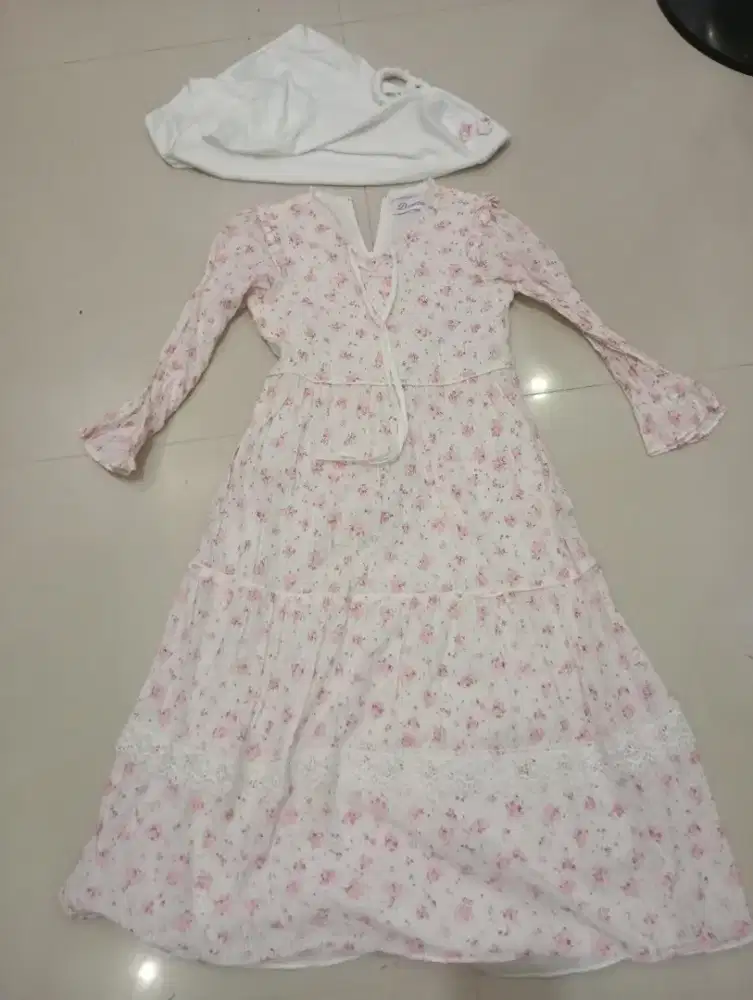 Gamis anak set kerudung DONITA warna putih pink