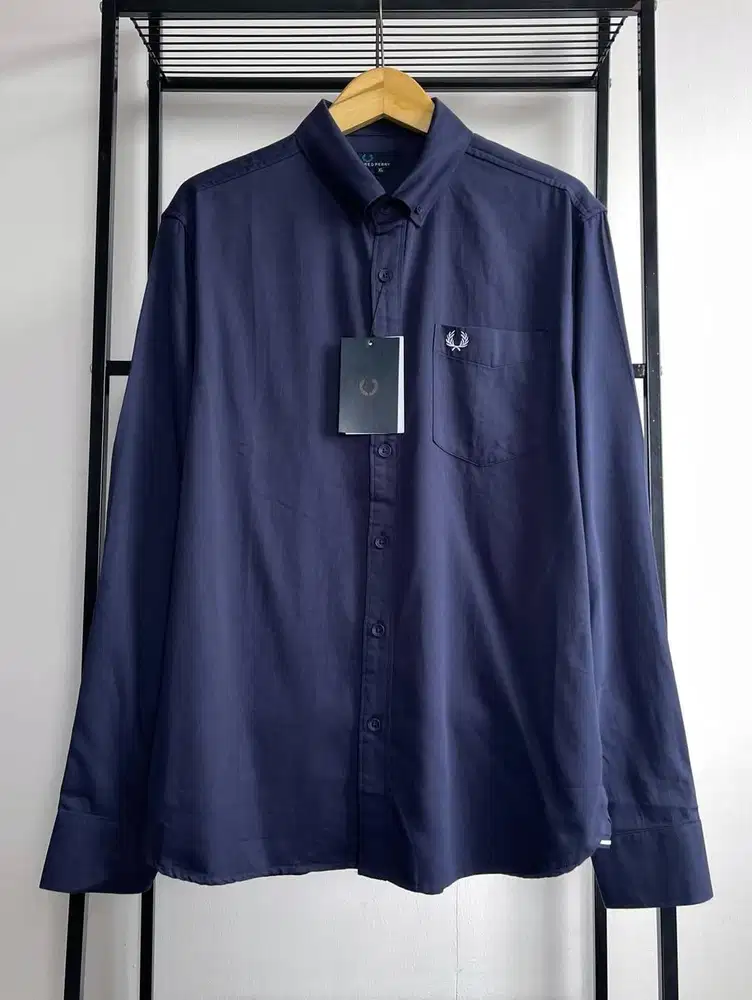 FRED PERRY BUTTON DOWN LONG SLEEVE OXFORD SHIRT - NAVY (XL)