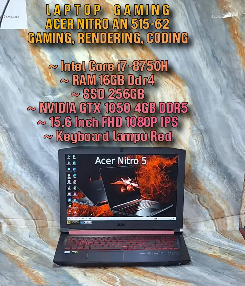 LAPTOP GAMING ACER NITRO AN515 MULUS SUPER INTEL CORE i7 8750H GTX1050