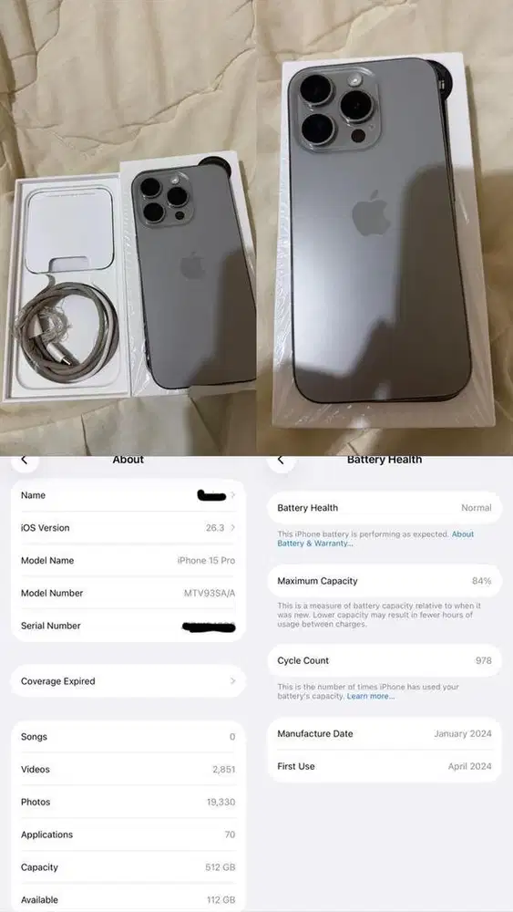 Dijual Iphone 15 Pro, 512 Gb Ex Ibox. Warna Titanium fullset, BH 84%