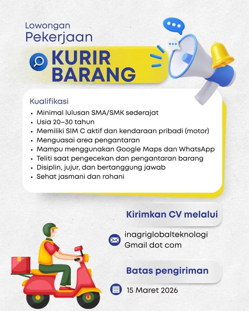 Lowongan Perkerjaan Kurir Barang, Admin, Packing , Purchasing