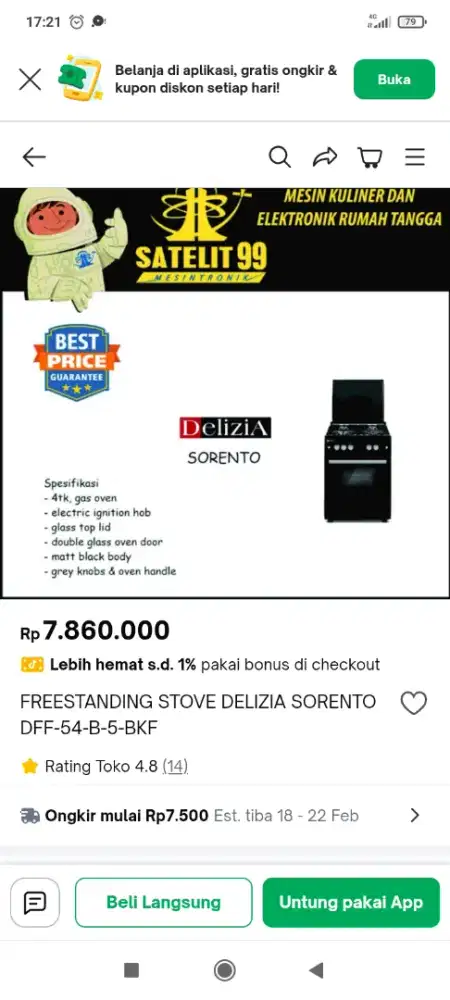 Kompor gas berdiri 4 tungku Delizia bekas 3.2Jt