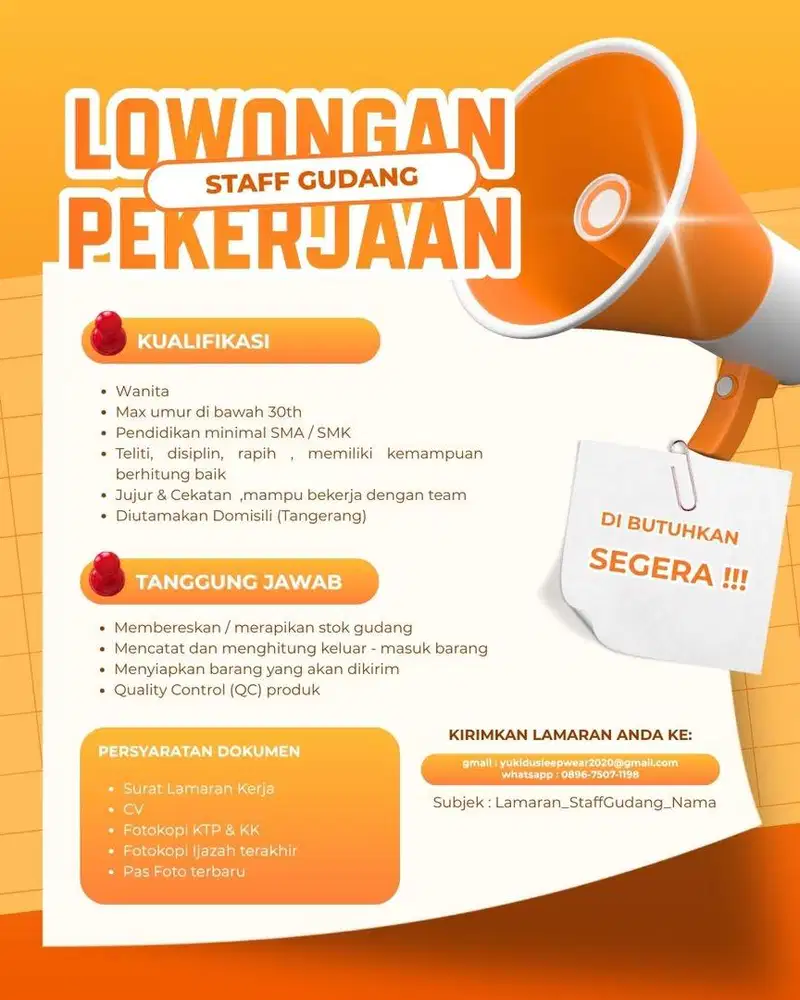 DIBUTUHKAN SEGERA !! STAFF GUDANG