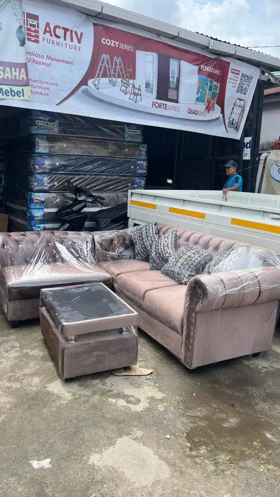 Kursi Tamu Sofa L Kancing Full Bludru