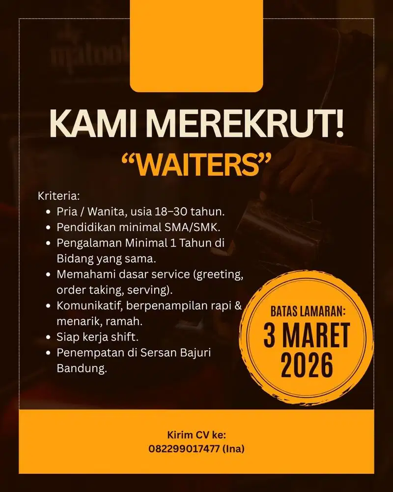 Lowongan Kerja Waiters Coffee Shop di Sersan Bajuri Bandung