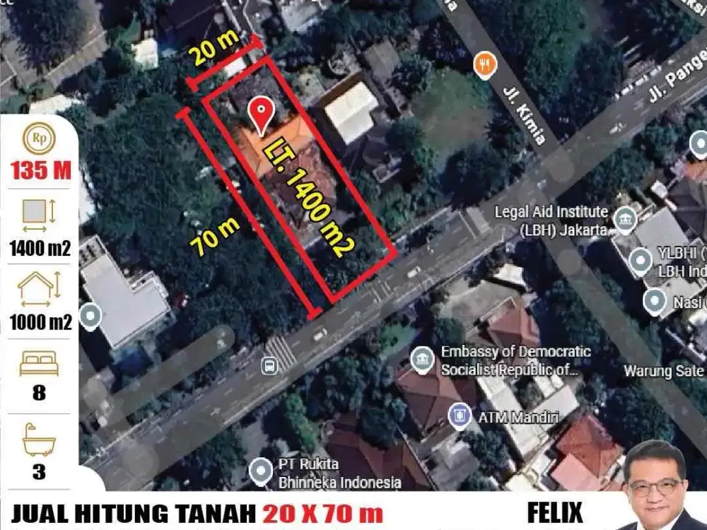 Jual Hitung Tanah 20x70m2 Super Strategis Jl Diponegoro Jakpus